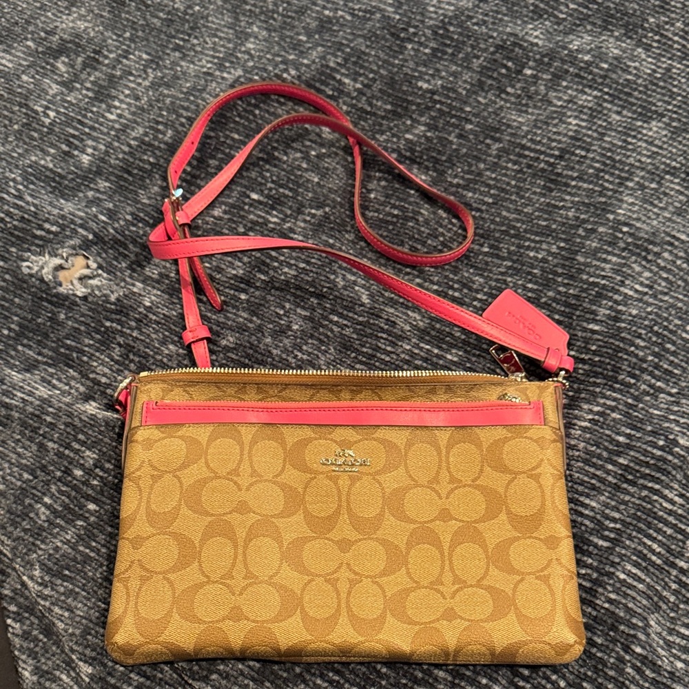Coach Brown Signature and Magenta Crossbody Bag with zip pouch